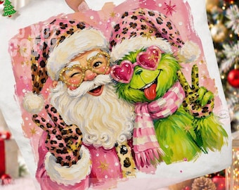 Christmas Best Friends PNG Santa And Green Monster Inspired Holiday Sublimation Cute Preppy Funny Christmas Pink Leopard Print Brushstroke