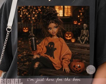 Just Here For The Boos PNG Funny Doll Face Halloween PNG Spooky Season Witchy Cute Aesthetic Girly Halloween Pumpkin Sublimation Design