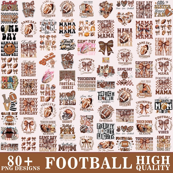 Football PNG Bundle, Coquette Bow, Retro Game Day, Football Junkie Mama, Touchdown Season, Heart On That Field, Girly Love Football PNG