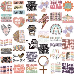 Pode incluir: Uma coleção de autocolantes coloridos com mensagens e gráficos inspiradores. Os designs incluem elementos florais, arco-íris, corações e textos como "Girl Power", "You Grow Girl" e "My Body, My Choice". Adequado para várias aplicações.