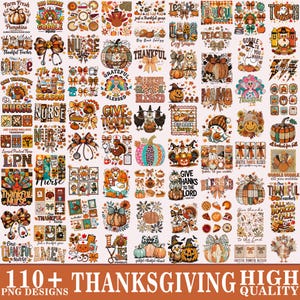 May include: A collection of Thanksgiving-themed PNG designs. The image features various illustrations including pumpkins, turkeys, bows, and the text "Thankful Teacher" and "Give Thanks". The designs are in warm autumn colors.