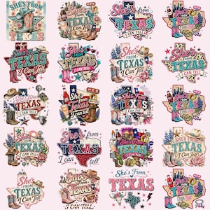 Puede incluir: Una colección de veinte diseños gráficos digitales con el texto She's from Texas I Can Tell. Las ilustraciones incluyen varios motivos como botas vaqueras, contornos del estado de Texas, sombreros, flores, cactus y botellas de bebidas regionales.
