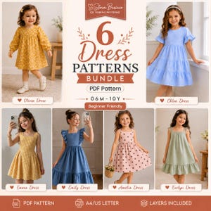 May include: A digital bundle of 6 sewing patterns for children's dresses, labelled Storm Brainco. Includes designs for the Olivia, Chloe, Emma, Emily, Amelia, and Evelyn dresses, ranging from 6 months to 10 years, in PDF format for A4/US letter.