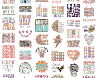 May include: A collection of colorful makeup-themed stickers and graphics. Designs include text like "Makeup Artist," "Makeup Life," and "Beauty is My Business." The stickers feature various fonts, colors, and illustrations, including lips, eyelashes, and rainbows.