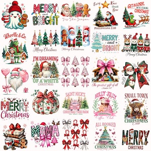 May include: A collection of Christmas-themed graphics featuring Santa Claus, gingerbread men, Christmas trees, and festive text. Designs include phrases like "Merry and Bright," "Meowy Christmas," and "I'm Dreaming of a White Christmas."