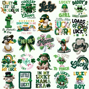 May include: A collection of St. Patrick's Day themed crochet designs. The image features various green and white crochet items, including shamrocks, ducks, bears, and text like "Lucky," "Little Miss Lucky," and "Daddy's Lucky Charm."