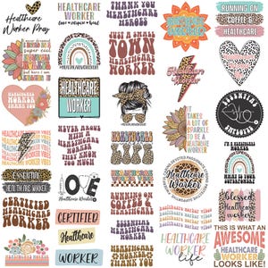 Puede incluir: Una colección de diseños gráficos coloridos con texto relacionado con los trabajadores de la salud. Los diseños incluyen frases como "Healthcare Worker", "Thank You" y "Essential". Los diseños presentan varias fuentes, patrones e ilustraciones, como arcoíris, corazones y girasoles.