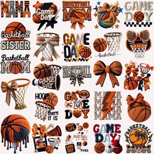 May include: A collection of basketball-themed designs, including basketballs, nets, bows, and text such as "Mama," "Game Day," and "Basketball Mom." The designs feature orange, black, and white colors, with various textures and styles.