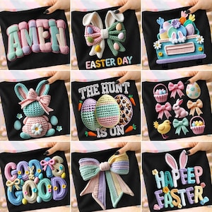 以下が含まれることがあります： カラフルで質感のあるイースターをテーマにしたデザインが施された9枚の黒いTシャツ。デザインには、「AMEN」という言葉、イースターエッグ、ウサギ、リボン、「EASTER DAY」、「THE HUNT IS ON」、「GOOD IS GOOD」、「HAPEEP EASTER」というフレーズが含まれています。