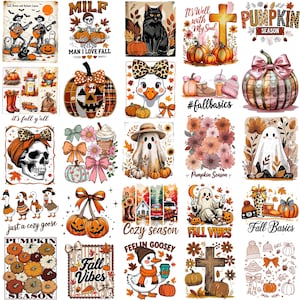 Op de afbeelding: Een verzameling digitale kunstprints met een herfstthema, met pompoenen, geesten en katten. De prints bevatten tekst zoals "Pumpkin Season" en "Fall Vibes". Het kleurenpalet omvat oranje, bruin en crème.