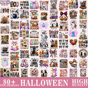 May include: A digital collection of 80 Halloween-themed graphic designs featuring ghosts, pumpkins, black cats, skulls, and festive text. The illustrations include various seasonal motifs like witches, haunted houses, and bows in orange, purple, and black.