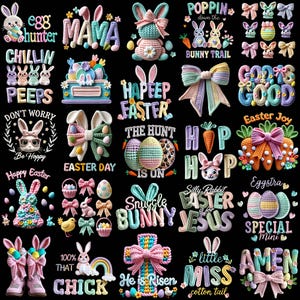 以下が含まれることがあります： 黒い背景にイースターをテーマにしたかぎ針編みのデザインのコレクション。デザインには、ウサギ、卵、リボン、「ハッピーイースター」、「イースターデー」、「スナグルバニー」などのテキストが含まれています。パレットの色はパステルと明るい色です。