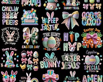Easter PNG Bundle Faux Yarn Egg Hunter Bunny Crochet Coquette Bow Jesus Christian He Is Risen Be Hoppy Easter Day Mama Mini Chilling Peeps