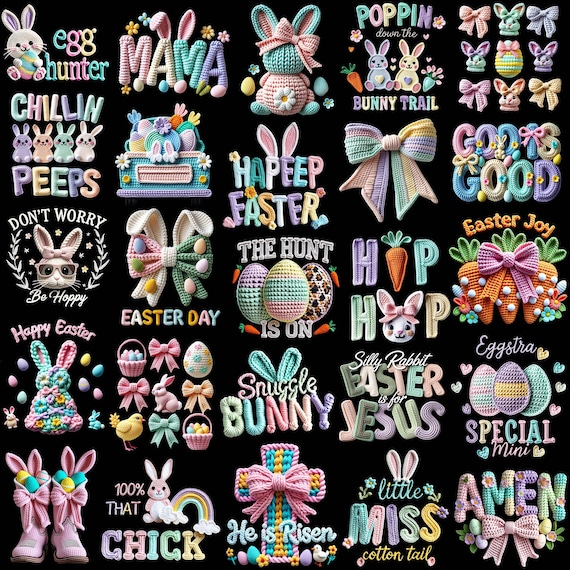 Easter PNG Bundle Faux Yarn Egg Hunter Bunny Crochet Coquette Bow Jesus Christian He Is Risen Be Hoppy Easter Day Mama Mini Chilling Peeps