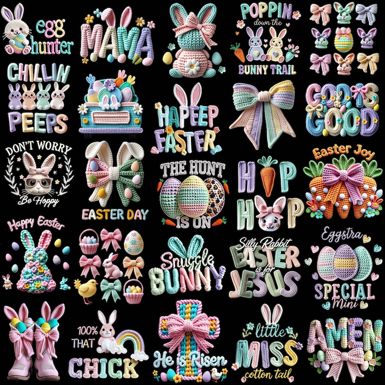 May include: A collection of Easter-themed crochet designs on a black background. The designs include bunnies, eggs, bows, and text like "Happy Easter," "Easter Day," and "Snuggle Bunny." The color palette features pastels and bright colors.