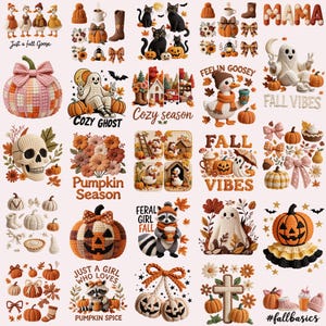 May include: A collection of fall-themed illustrations and designs. Includes pumpkins, ghosts, cats, ducks, and the text "Cozy Season", "Fall Vibes", and "Pumpkin Spice". The color palette features orange, brown, and cream.