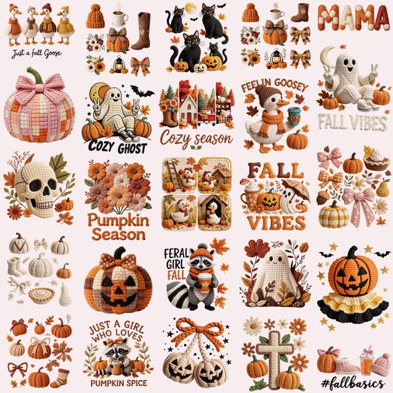 Fall PNG Bundle Faux Yarn Pumpkin Season Fall Vibes Cozy Ghost Crochet Knit Coquette Bow Autumn Thanksgiving Cute Boo Feeling Goosey PNG