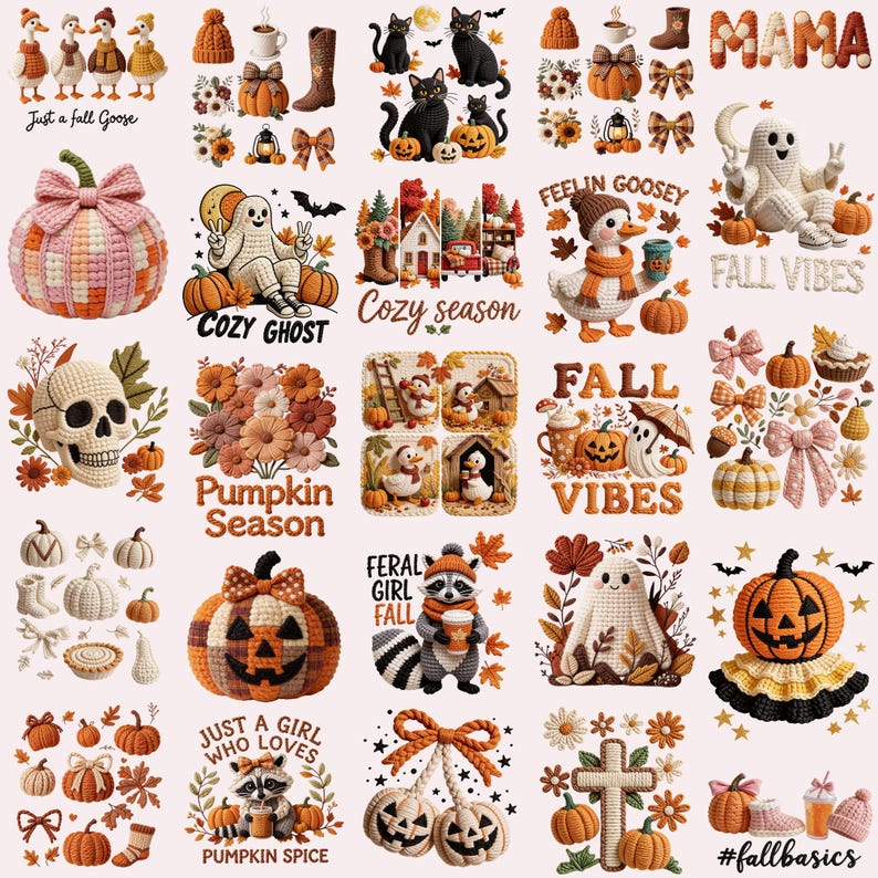 May include: A collection of fall-themed illustrations and designs. Includes pumpkins, ghosts, cats, ducks, and the text "Cozy Season", "Fall Vibes", and "Pumpkin Spice". The color palette features orange, brown, and cream.