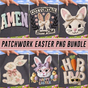 May include: A collection of dark gray sweatshirts with patchwork Easter-themed designs. The designs include the word "AMEN", a bunny with a bow, a bunny face, a bunny with flowers, a bunny with glasses, and the words "HOP HO". The text "PATCHWORK EASTER PNG BUNDLE" is also visible.