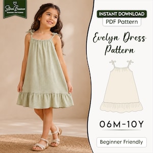 Peut inclure: Une robe sans manches vert sauge avec des bretelles à nouer et un ourlet à volants. L'image contient le texte Storm Brainco Sewing Patterns, Instant Download PDF Pattern, Evelyn Dress Pattern, 06M-10Y et Beginner Friendly.