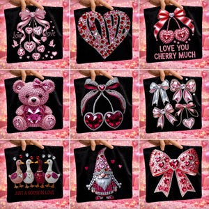 May include: A selection of black tote bags featuring rhinestone designs. The designs include a pink bow, a heart, cherries, a teddy bear, bows and hearts, a gnome, and geese. Text includes "Love You Cherry Much" and "Just a Goose in Love".