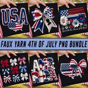 Könnte beinhalten: Eine Sammlung schwarzer Hintergründe mit Designs aus Kunstgarn zum 4. Juli. Designs umfassen das Wort "USA" und eine amerikanische Flagge, Schleifen und das Wort "America". Der Text "Land of the Free. Because of the Brave!" ist ebenfalls vorhanden.