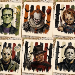 May include: A set of six square art prints featuring horror movie characters including Frankenstein's monster, Pennywise the clown, Chucky, Jason Voorhees, Freddy Krueger, and Michael Myers, each set against a background of vertical stripes and bats.