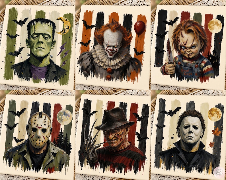May include: A set of six square art prints featuring horror movie characters including Frankenstein's monster, Pennywise the clown, Chucky, Jason Voorhees, Freddy Krueger, and Michael Myers, each set against a background of vertical stripes and bats.