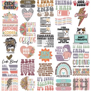 Könnte beinhalten: Eine Sammlung farbenfroher Grafikdesigns mit Text zum Thema Codieren und Programmieren. Designs enthalten Sätze wie "Code Blood", "Coding Life" und "I turn coffee into code". Die Designs weisen verschiedene Schriftarten und Illustrationen auf.