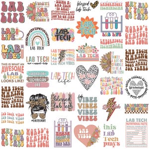 May include: A selection of vibrant stickers and graphics with a lab technician theme, in a retro style. Designs include phrases such as "Lab Life," "Lab Tech Vibes," and "Awesome Lab Tech," alongside images of test tubes and rainbows.