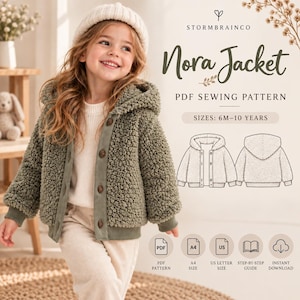 May include: A sage green textured fleece jacket with a hood, long sleeves, and a button-front closure. The image includes text reading STORMBRAINCO, Nora Jacket, PDF SEWING PATTERN, SIZES: 6M-10 YEARS, and icons for PDF, A4, US, guide, and download.