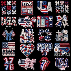 Könnte beinhalten: Eine Sammlung patriotischer Häkeldesigns in Rot, Weiß und Blau. Enthält Schleifen, die USA-Karte, die Freiheitsstatue, das Wort "AMERICA" und den Text "1776 UNITED STATES INDEPENDENCE DAY".