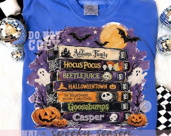 Vintage Halloween VHS PNG Retro Horror Movies Sublimation Spooky Season Book Stack Funny Scary Film Lover Shirt Design Digital Download