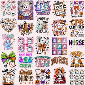 Könnte beinhalten: Eine Sammlung von Halloween-Themen-Grafiken für Krankenschwestern. Die Designs umfassen Geister, Kürbisse, Schleifen, Stethoskope und Texte wie "Spooky Nurse", "CPR Certified" und "Night Shift Crew". Die Farbpalette umfasst Orange, Lila und Türkis.
