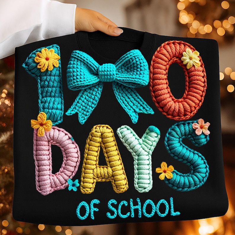 100 dagar av skolan PNG-paket fuskgarnvirkning 100 dagar ljusare lär kärleksarbete av hjärta kokett rosett mysig realistisk stickning PNG sublimering bild 4