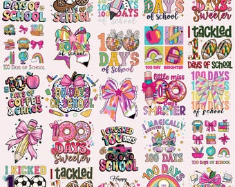 100 Days Of School PNG Bundle Preppy Coquette Bow Happy Tackled 100 Days Brighter Teacher Retro Kids Shirt Designs Sublimation Download