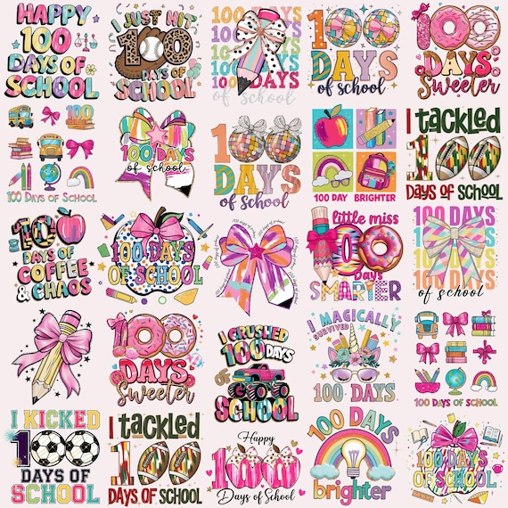 100 Days Of School PNG Bundle Preppy Coquette Bow Happy Tackled 100 Days Brighter Teacher Retro Kids Shirt Designs Sublimation Download