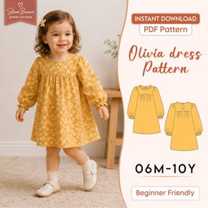 May include: A digital sewing pattern for the Olivia dress, featuring a long-sleeved yellow dress with a white floral print. The graphic includes a technical illustration of the front and back of the dress, labelled 06M-10Y, and text reading Instant Download PDF Pattern.