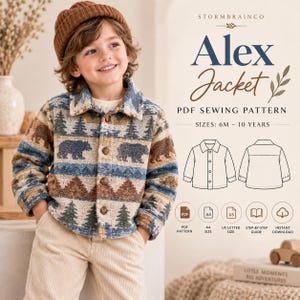 May include: A PDF sewing pattern for the Alex Jacket, featuring sizes 6M to 10 years. The design includes a button-up jacket with a bear and pine tree pattern in blue, brown, and cream, along with technical line drawings of the front and back.