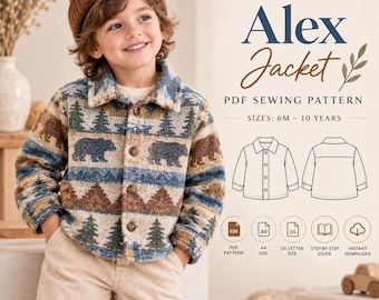 Patron de couture de veste pour enfant, patron de veste garçon PDF, patron de manteau d'hiver à col boutonné pour tout-petit, facile à coudre pour débutants, tailles 6 à 10 ans.