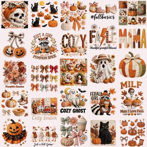Pode incluir: Uma colagem de ilustrações e texto com tema de outono. Inclui abóboras, gatos pretos, laços, uma caveira, um fantasma e as palavras "COZY", "FALL", "MAMA", "Pumpkin Spice", "Cozy Ghost" e "Just a Girl".