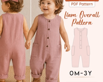 Patron de couture de salopette pour enfants, patron de combinaison pour tout-petits, patron de couture de barboteuse pour bébé facile à réaliser, tailles 0 mois à 3 ans, salopette unisexe