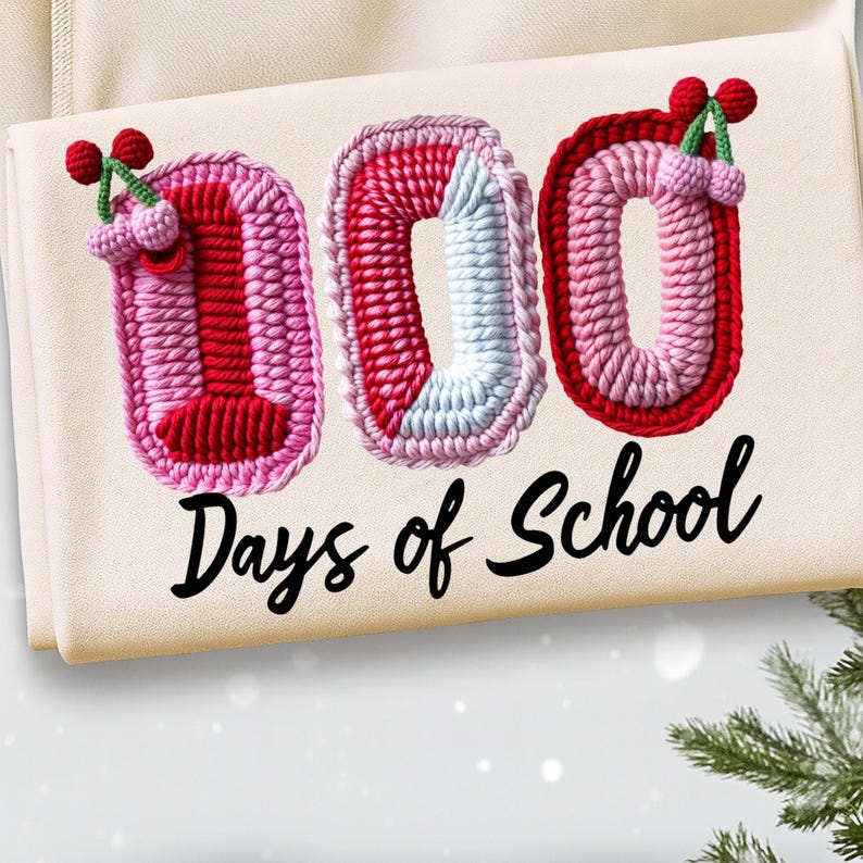 100 dagar av skolan PNG-paket fuskgarnvirkning 100 dagar ljusare lär kärleksarbete av hjärta kokett rosett mysig realistisk stickning PNG sublimering bild 8