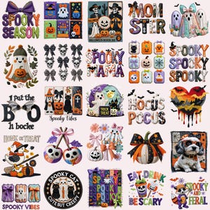 Może przedstawiać: Kolekcja grafik i ilustracji o tematyce Halloween. Obraz zawiera różne wzory, w tym dynie, duchy, nietoperze i teksty takie jak "Spooky Season", "Hocus Pocus" i "Trick or Treat". Paleta kolorów obejmuje pomarańczowy, fioletowy, czarny i biały.