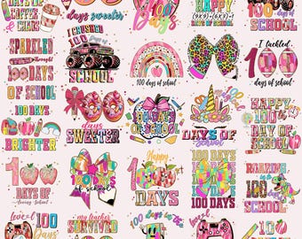 100 Days Of School PNG Bundle Preppy Coquette Bow Tackled Happy 100 Days Brighter Sweater Teacher Kids Shirt Designs Sublimation Download