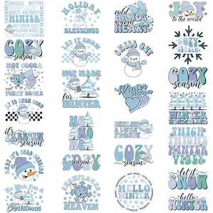 May include: A collection of winter-themed designs in shades of blue and white. The designs include snowmen, snowflakes, and phrases like "Holiday Blessings," "Cozy Season," and "Let it Snow." The overall theme is festive and seasonal.