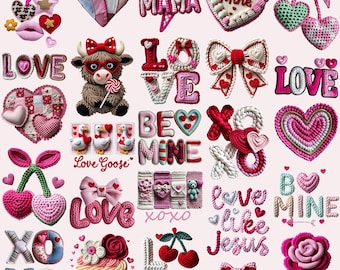 Valentine PNG Bundle Faux Yarn Coquette Preppy Be Mine Valentine Teddy Bear Crochet Knit Love Xoxo               Highland Cow Red Pink Heart