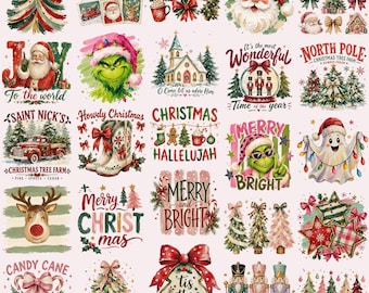 Lot de PNG de Noël : Père Noël rose à rayures rétro, C'est la saison, Joyeux Noël, Maman, style vintage preppy, Alléluia, sublimation
