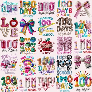 May include: A collage of handmade designs celebrating 100 days of school. The image includes bows, apples, pencils, and the words "Teach" and "Love". The designs are in various colours. The text "teaching is a work of heart" is also visible.
