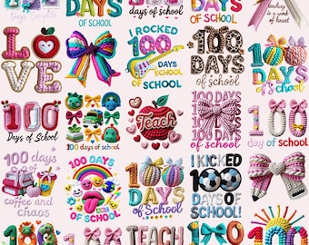 100 Days Of School PNG Bundle Faux Yarn Crochet 100 Days Brighter Teach Love Work Of Heart Coquette Bow Cozy Realistic Knit PNG Sublimation
